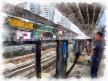 Şehir merkezindeki tren istasyonunun manzarası suluboya resim çizimi..