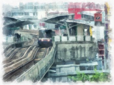 Şehir merkezindeki tren istasyonunun manzarası suluboya resim çizimi..