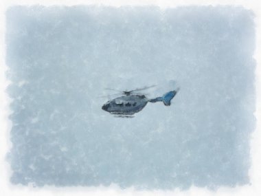 Gökyüzündeki helikopter suluboya stili illüstrasyon ressamı.