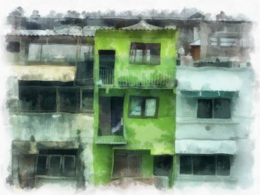 Yüksek binaların manzarası suluboya resim çizimi empresyonisti.