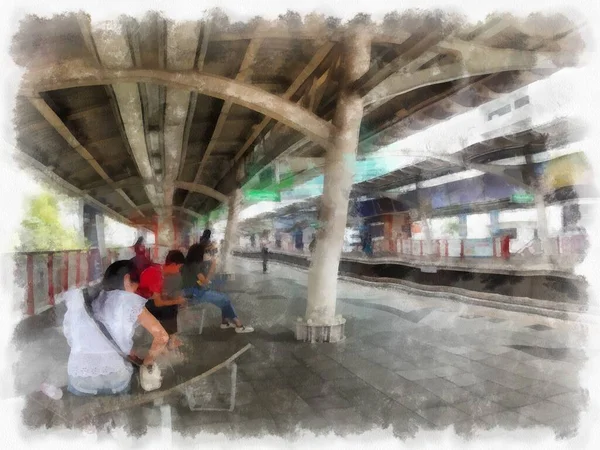 Landscape Train Station City Watercolor Style Illustration Impressionist Painting — стоковое фото