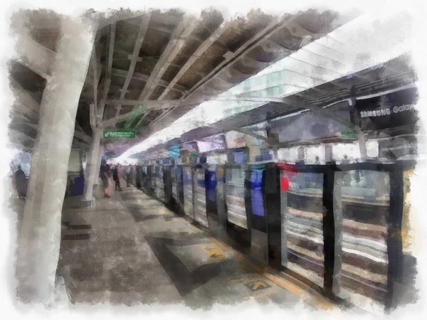 Pemandangan Stasiun Kereta Api Kota Cat Air Gaya Lukisan Impresionis — Stok Foto
