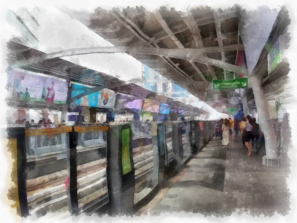 Landscape Train Station City Watercolor Style Illustration Impressionist Painting —  Fotos de Stock