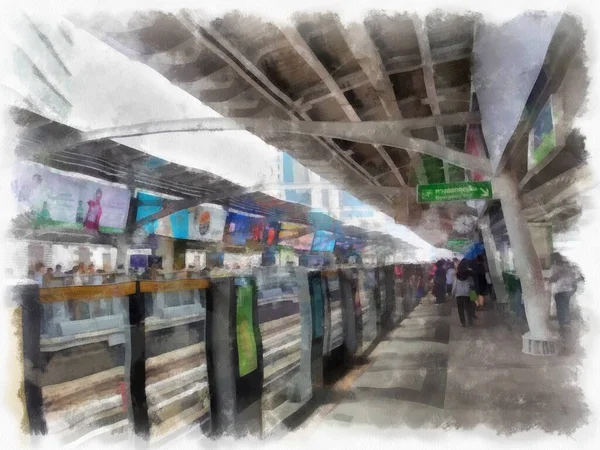 Şehir Merkezindeki Tren Istasyonunun Manzarası Suluboya Resim Çizimi — Stok fotoğraf