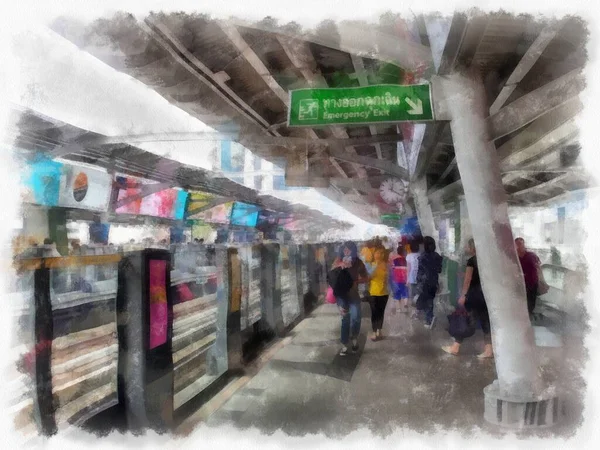 Şehir merkezindeki tren istasyonunun manzarası suluboya resim çizimi..