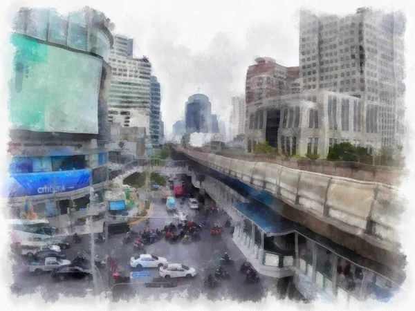 Landscape Tall Buildings City Streets Watercolor Style Illustration Impressionist Painting —  Fotos de Stock