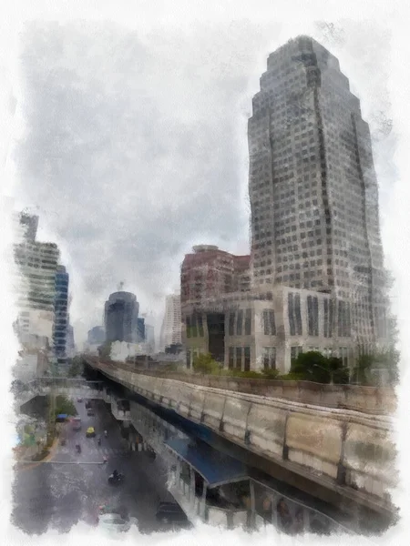 Landscape Tall Buildings City Streets Watercolor Style Illustration Impressionist Painting — Foto Stock