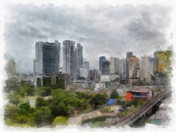 Landscape Tall Buildings City Streets Watercolor Style Illustration Impressionist Painting — 스톡 사진