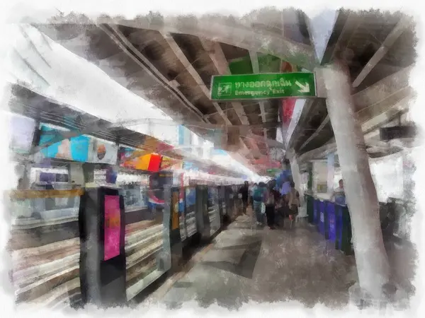 Şehir merkezindeki tren istasyonunun manzarası suluboya resim çizimi..