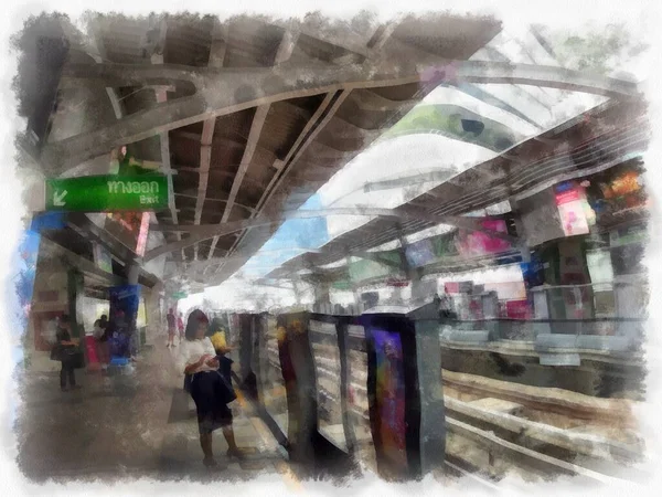 Şehir merkezindeki tren istasyonunun manzarası suluboya resim çizimi..