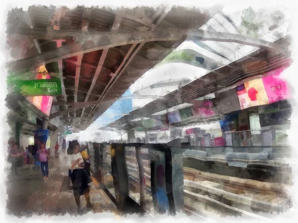 Şehir merkezindeki tren istasyonunun manzarası suluboya resim çizimi..