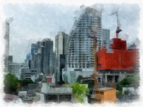 Landscape Tall Buildings City Streets Watercolor Style Illustration Impressionist Painting — Foto Stock