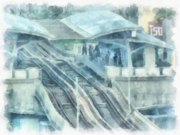 Landscape Train Station City Watercolor Style Illustration Impressionist Painting — 스톡 사진