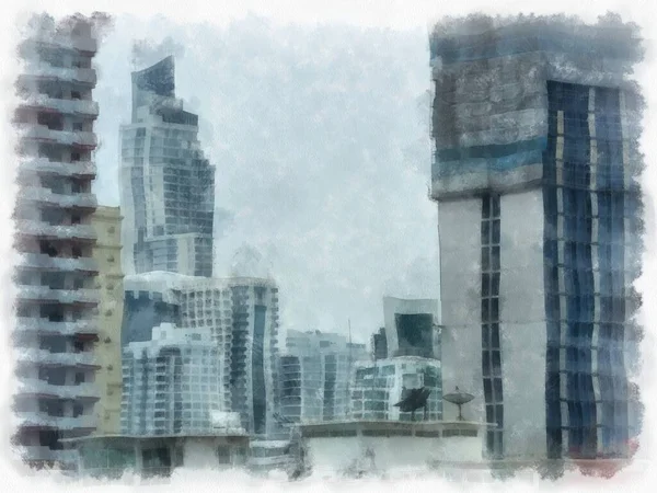 Τοπίο Από Ψηλά Κτίρια Και Δρόμους Της Πόλης Ακουαρέλα Εικονογράφηση — Φωτογραφία Αρχείου