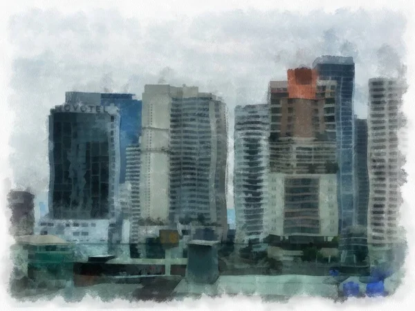 Landscape Tall Buildings City Streets Watercolor Style Illustration Impressionist Painting — стоковое фото