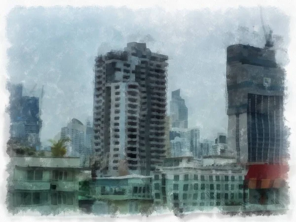 高層ビルや街の風景水彩画風の印象派絵画 — ストック写真