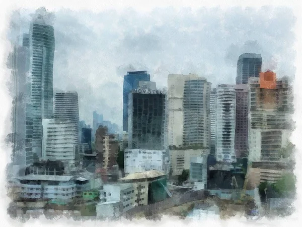 Landscape Tall Buildings Watercolor Style Illustration Impressionist Painting — 스톡 사진
