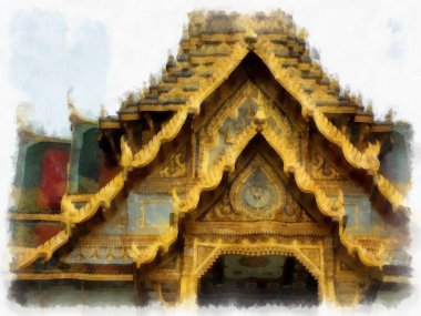 Büyük Saray manzarası Wat Phra Kaew Bangkok Tayland suluboya resim ressamı.