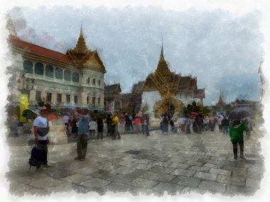 Büyük Saray manzarası Wat Phra Kaew Bangkok Tayland suluboya resim ressamı.