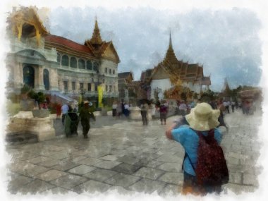 Büyük Saray manzarası Wat Phra Kaew Bangkok Tayland suluboya resim ressamı.