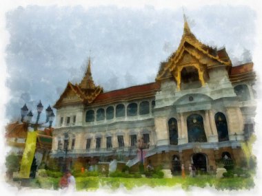 Büyük Saray manzarası Wat Phra Kaew Bangkok Tayland suluboya resim ressamı.
