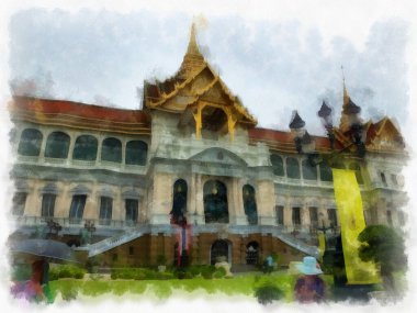 Büyük Saray manzarası Wat Phra Kaew Bangkok Tayland suluboya resim ressamı.