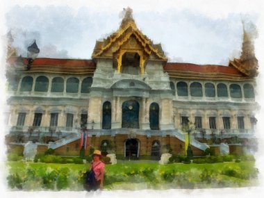 Büyük Saray manzarası Wat Phra Kaew Bangkok Tayland suluboya resim ressamı.