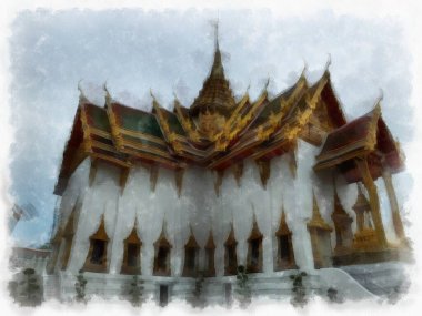 Büyük Saray manzarası Wat Phra Kaew Bangkok Tayland suluboya resim ressamı.