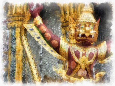 Büyük Saray manzarası Wat Phra Kaew Bangkok Tayland suluboya resim ressamı.