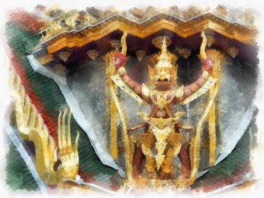 Büyük Saray manzarası Wat Phra Kaew Bangkok Tayland suluboya resim ressamı.