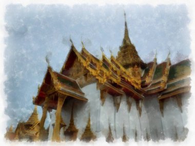 Büyük Saray manzarası Wat Phra Kaew Bangkok Tayland suluboya resim ressamı.