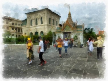 Büyük Saray manzarası Wat Phra Kaew Bangkok Tayland suluboya resim ressamı.