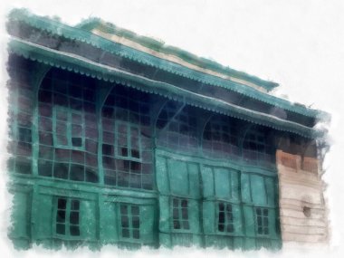 Büyük Saray manzarası Wat Phra Kaew Bangkok Tayland suluboya resim ressamı.