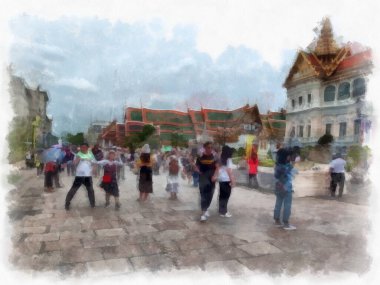 Büyük Saray manzarası Wat Phra Kaew Bangkok Tayland suluboya resim ressamı.