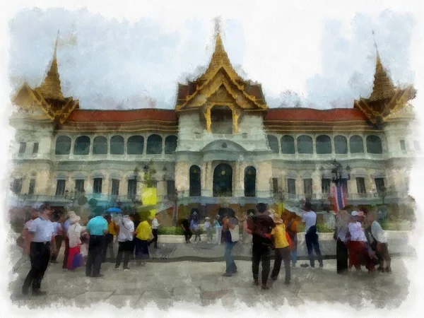 Tájkép Grand Palace Wat Phra Kaew Bangkok Thaiföld Akvarell Stílus — Stock Fotó