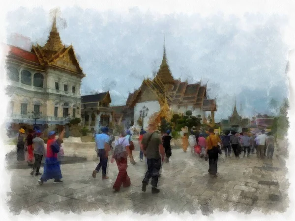 Пейзаж Большого Дворца Ват Пхра Кеу Бангкок Таиланд Акварель Стиль — стоковое фото