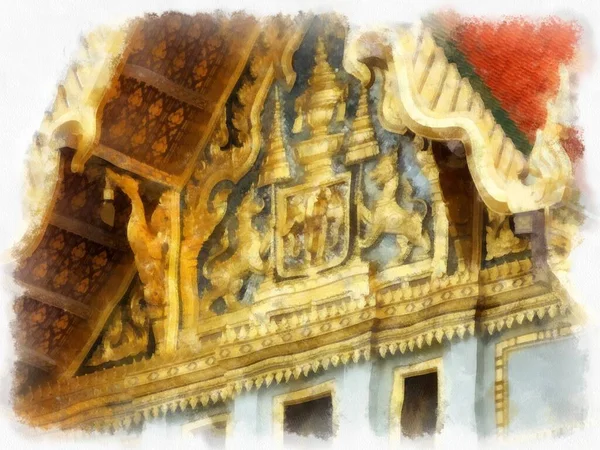 Τοπίο Του Grand Palace Wat Phra Kaew Μπανγκόκ Ταϊλάνδη Ακουαρέλα — Φωτογραφία Αρχείου