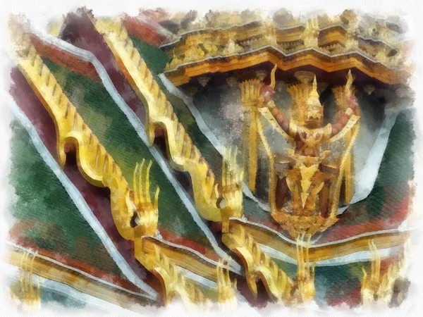 Büyük Saray manzarası Wat Phra Kaew Bangkok Tayland suluboya resim ressamı.