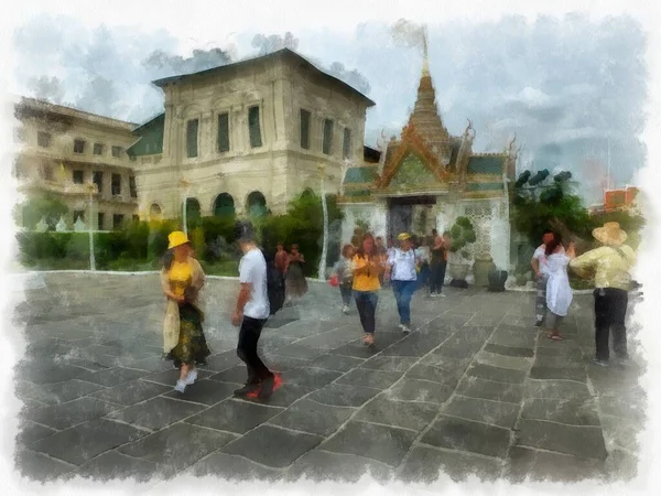 Landscape Grand Palace Wat Phra Kaew Bangkok Thailand Watercolor Style — стоковое фото