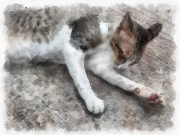Kucing Marmer Tergeletak Lantai Lukisan Bergaya Cat Air — Stok Foto