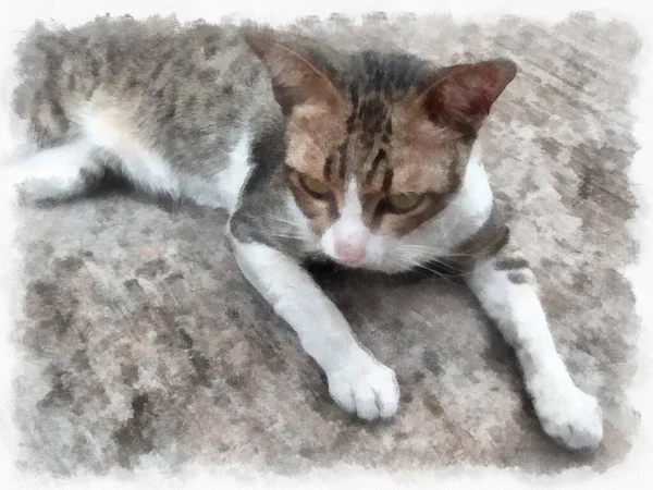 Kucing Marmer Tergeletak Lantai Lukisan Bergaya Cat Air — Stok Foto