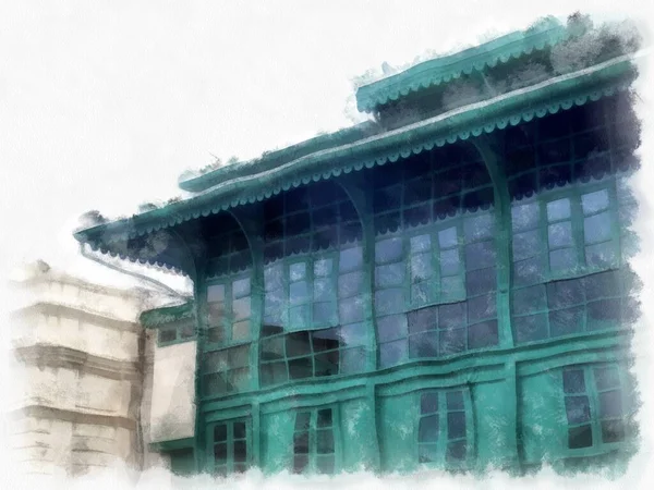 Büyük Saray manzarası Wat Phra Kaew Bangkok Tayland suluboya resim ressamı.