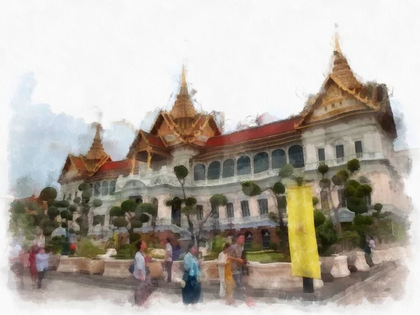 Büyük Saray manzarası Wat Phra Kaew Bangkok Tayland suluboya resim ressamı.