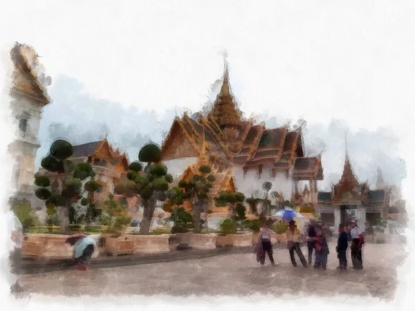 Пейзаж Великого Палацу Ват Пха Кео Бангкок Таїландський Акварель Ілюстрований — стокове фото