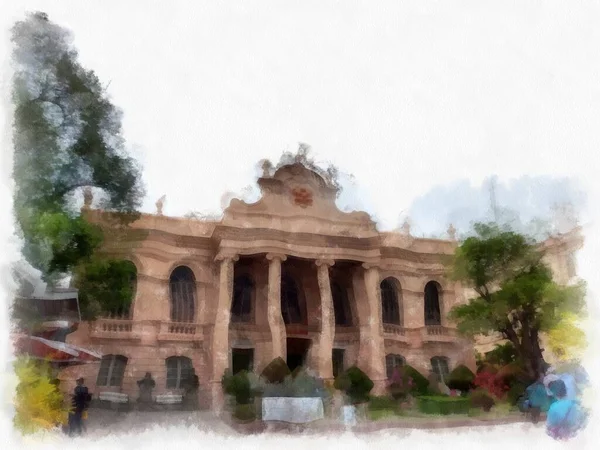 Büyük Saray manzarası Wat Phra Kaew Bangkok Tayland suluboya resim ressamı.