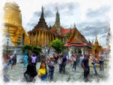 Büyük Saray manzarası Wat Phra Kaew Bangkok Tayland suluboya resim ressamı.