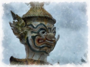 Büyük Saray manzarası Wat Phra Kaew Bangkok Tayland suluboya resim ressamı.