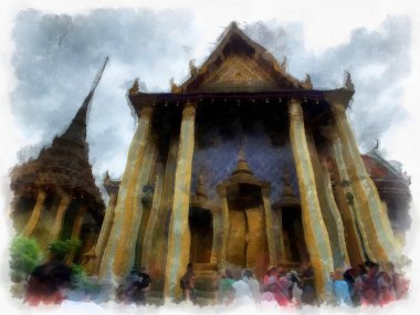 Büyük Saray manzarası Wat Phra Kaew Bangkok Tayland suluboya resim ressamı.
