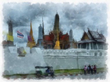 Büyük Saray manzarası Wat Phra Kaew Bangkok Tayland suluboya resim ressamı.