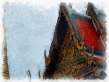 Büyük Saray manzarası Wat Phra Kaew Bangkok Tayland suluboya resim ressamı.